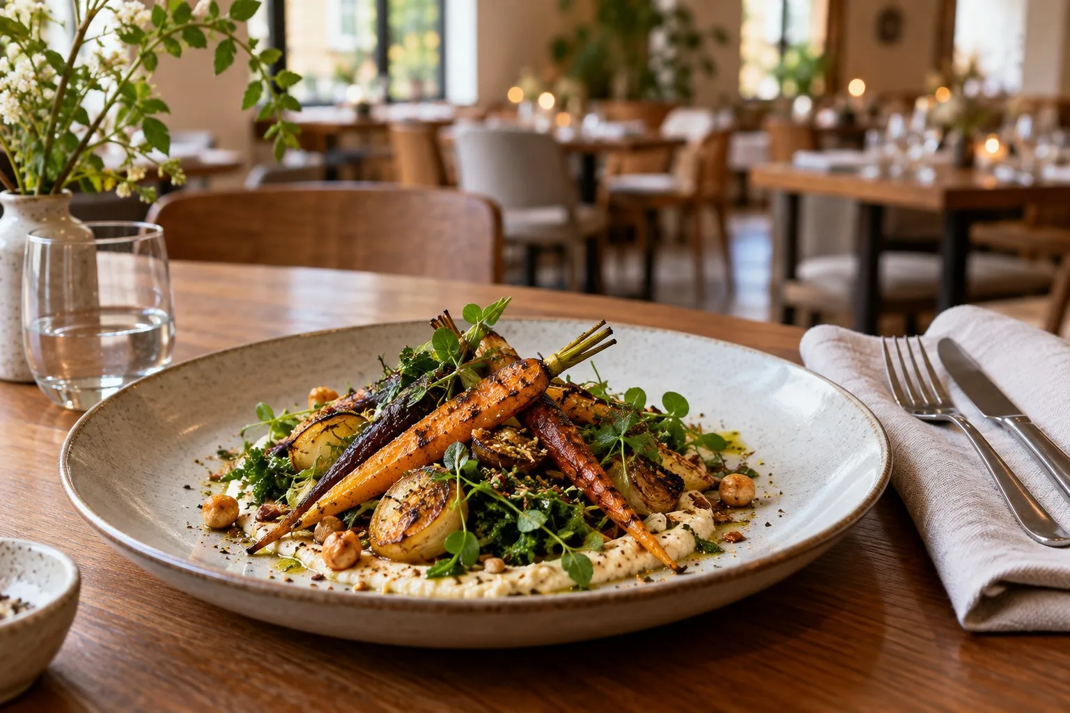 Angerichtetes Gemüsegericht auf einem Restauranttisch mit Besteck und Stoffserviette.